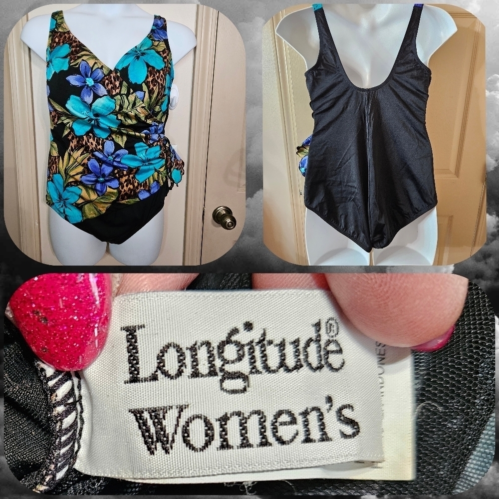 #248 Longitude Women's Wrapped   Front Swimsuit Black n Florals- Size: 22W